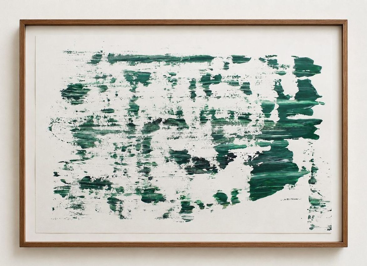 Green brushed marks scattered over white paper, in an oak frame