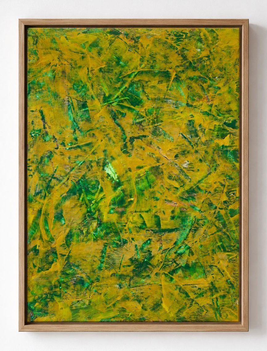 A yellow and green textured canvas, in an oak frame