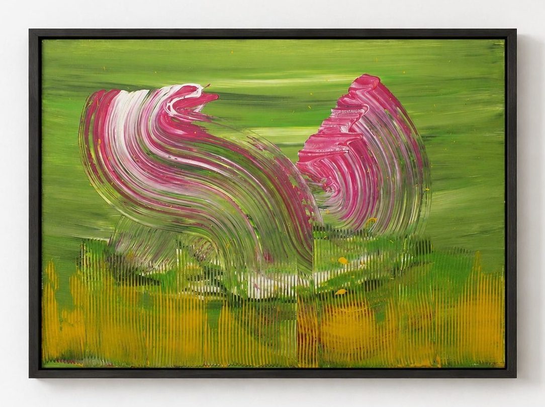 A green canvas with pink and white swirls over a yellow band, in a black frame