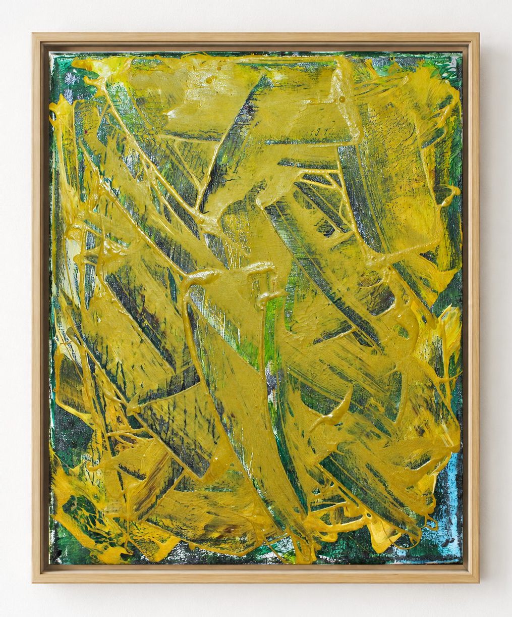 Olive strokes layered flat, in a pale oak frame