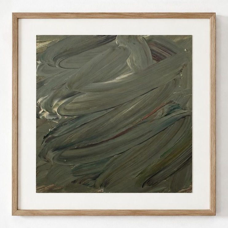 A soft olive-grey brushed work on paper, in a pale oak frame