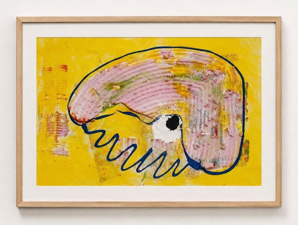 A yellow work with a pink ridged shape outlined in blue, in an oak frame