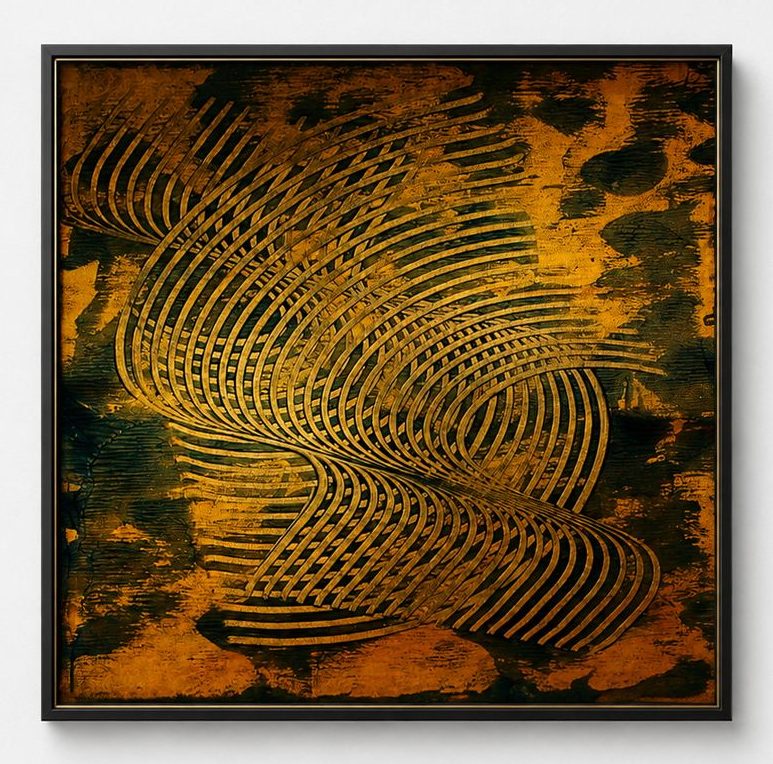 Gold combed spirals over a dark orange ground, in a black frame