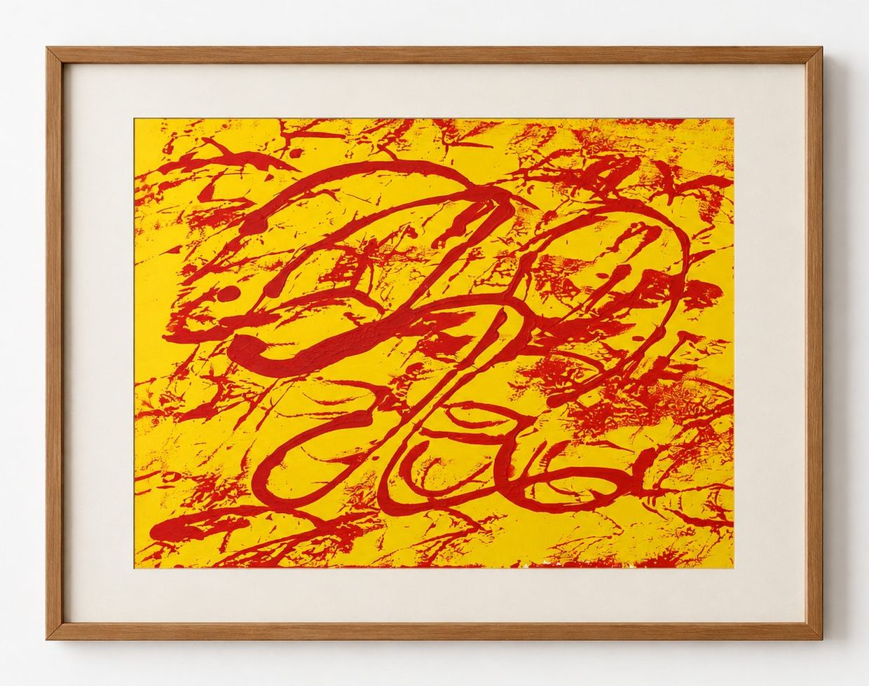 Red looping scribbles over a yellow ground, in an oak frame