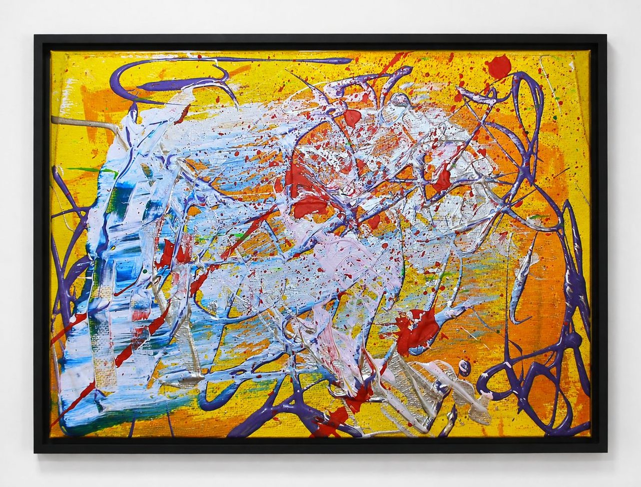 White and blue strokes on a yellow ground, in a black frame