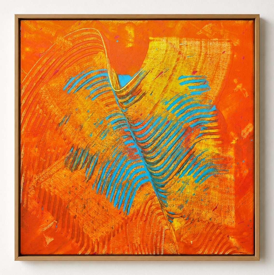 Blue combed strokes on an orange ground, in a pale oak frame