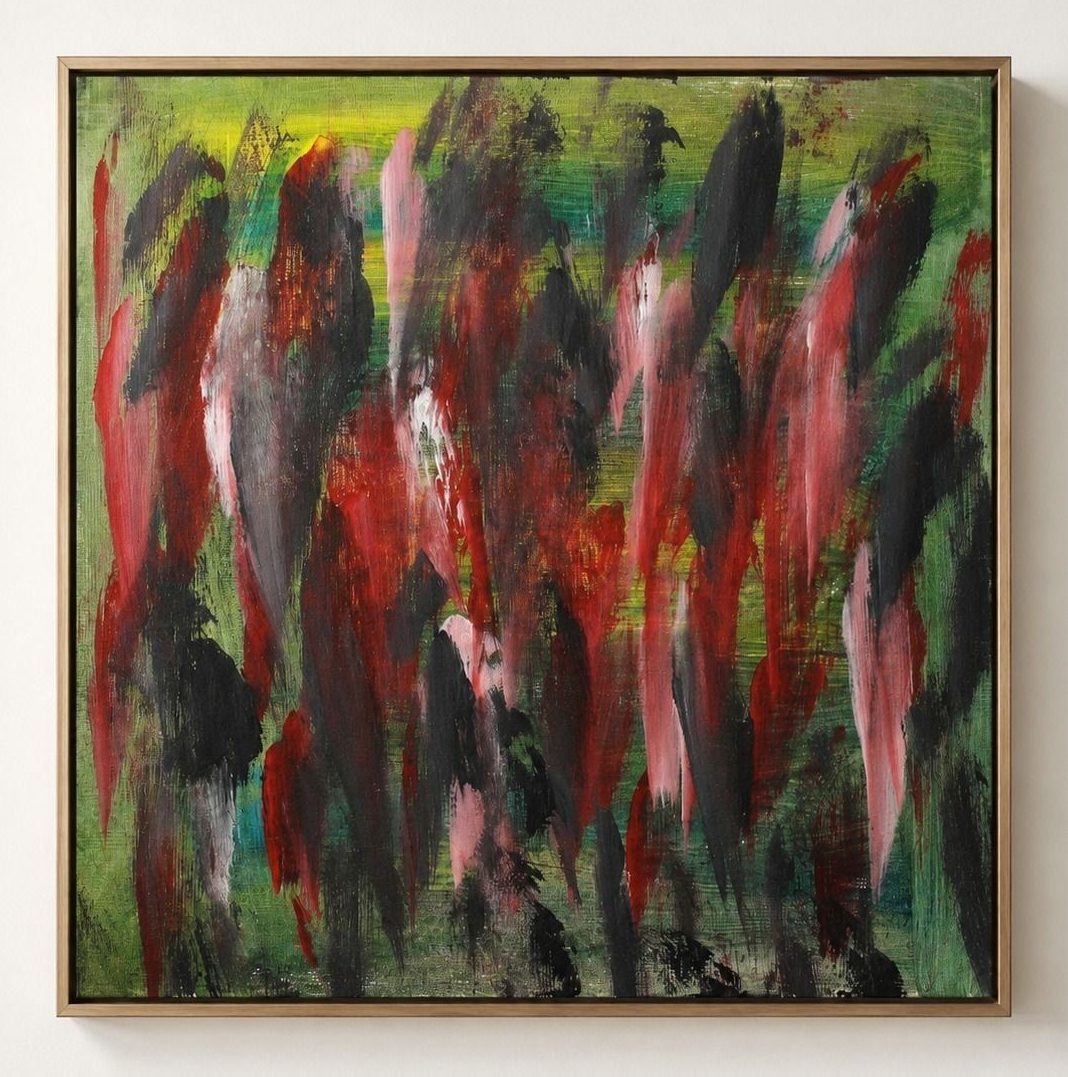 A green canvas with red, pink and black vertical strokes, in a pale frame