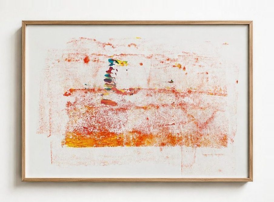 A faint orange and red wash on paper, in an oak frame