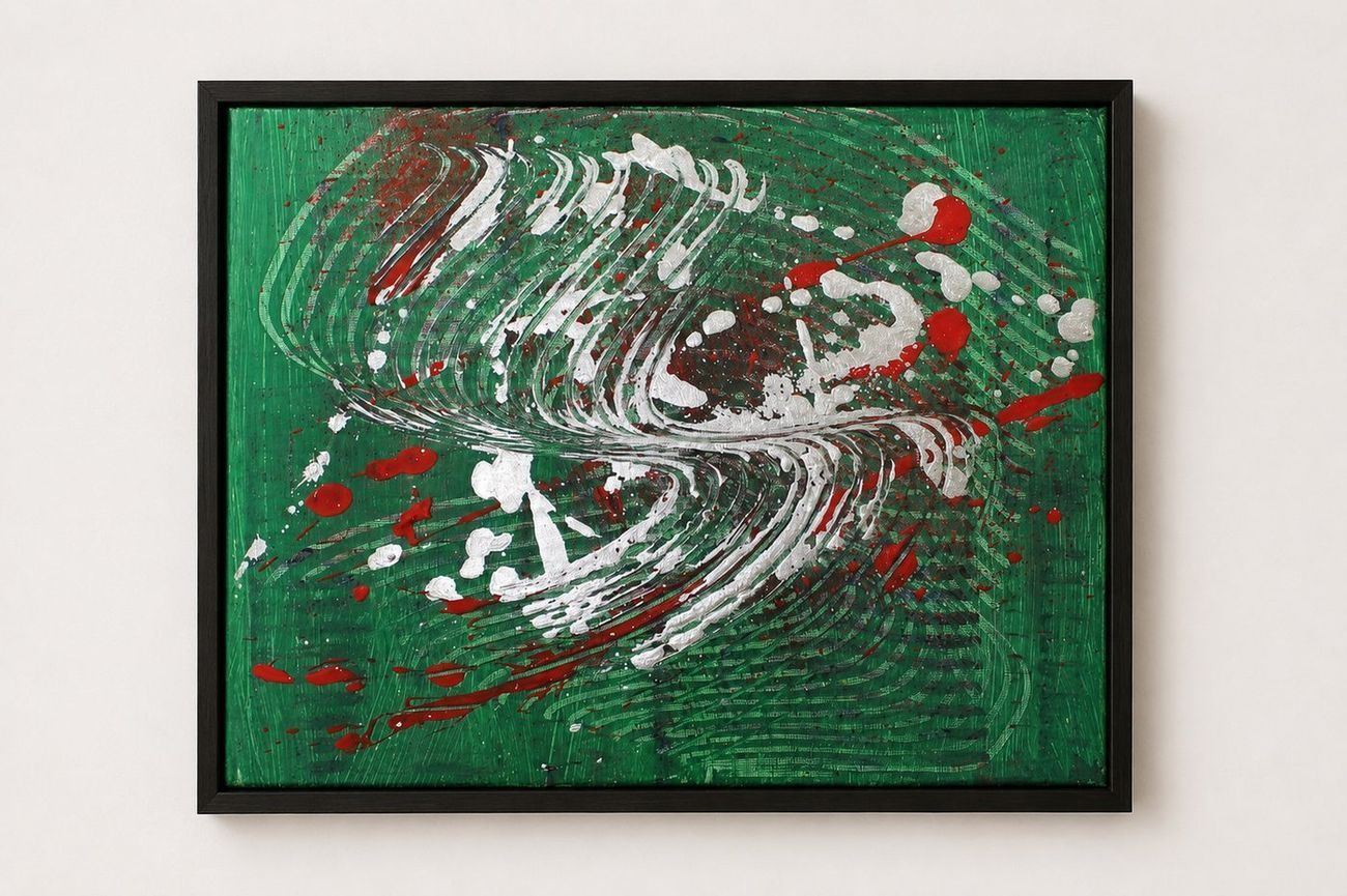 A green canvas with a white and red swirl, in a black frame