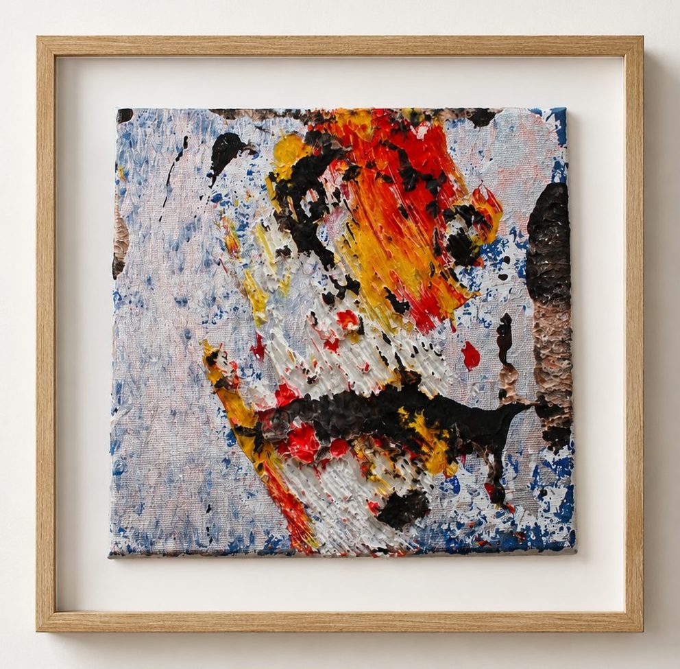 Yellow and black splashes on a grey ground, in a pale oak frame