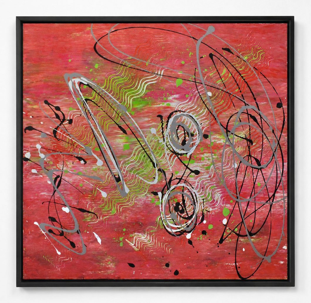 Black lines and pale rings on a red ground, in a black frame