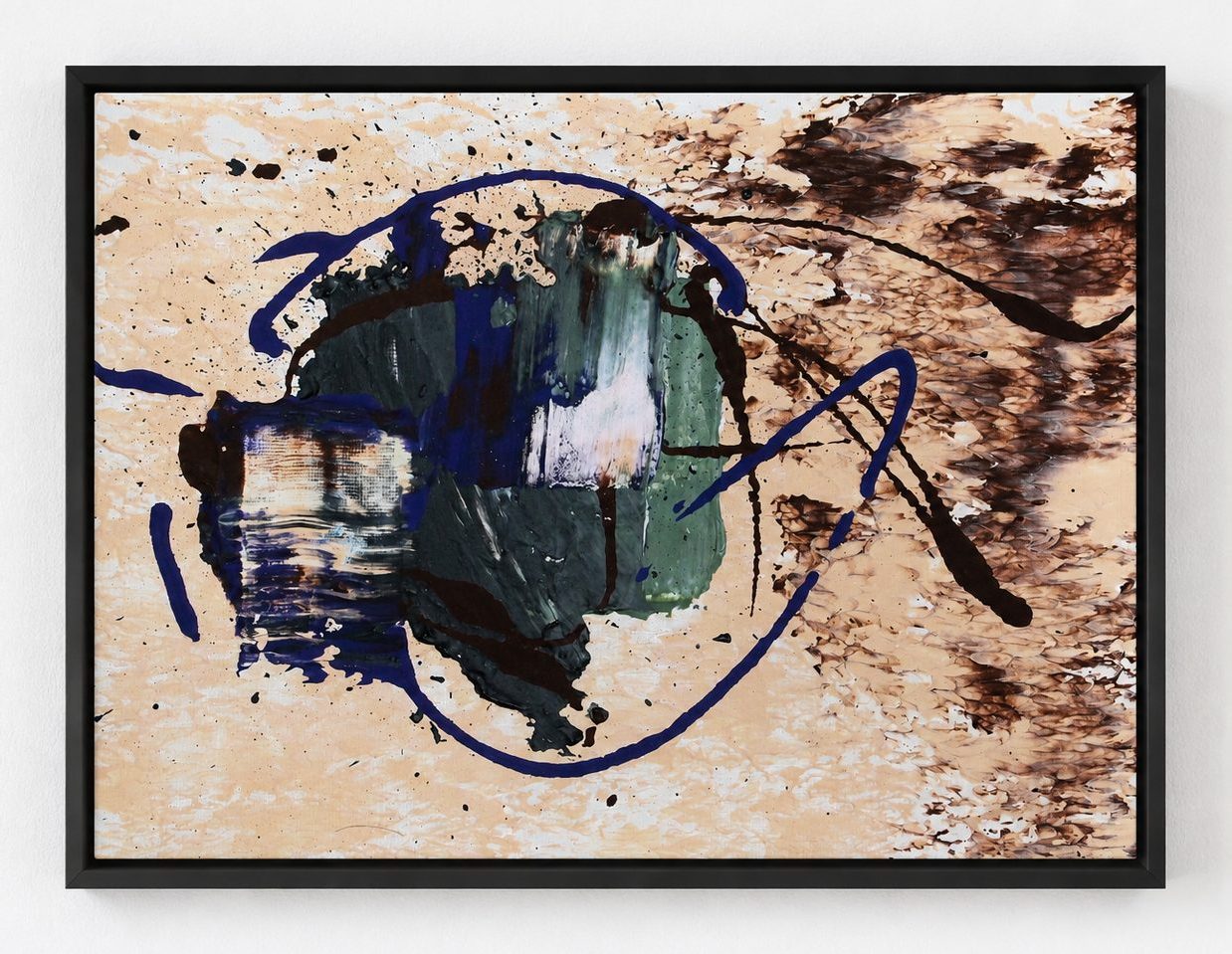 A dark blue and green knot over brown scuffs, in a black frame