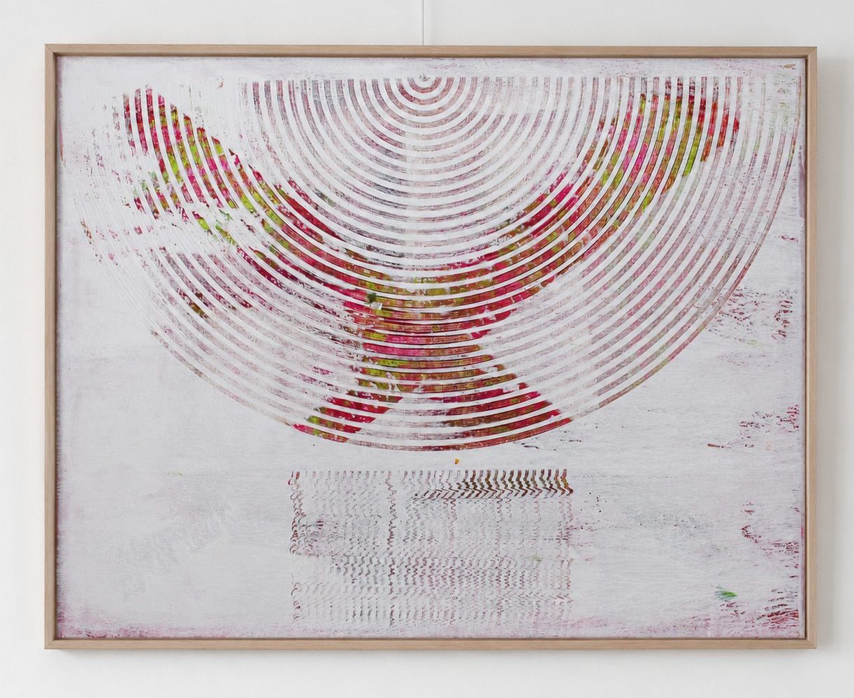 Fine red combed arcs on white, in a pale oak frame
