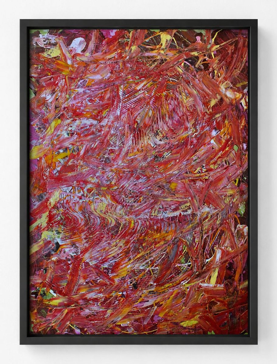 A red and rust flecked field, in a pale oak frame