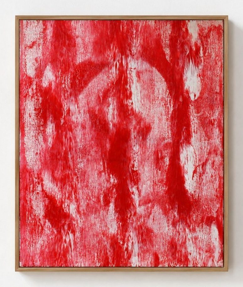 A red and white canvas with a scraped arc, in an oak frame