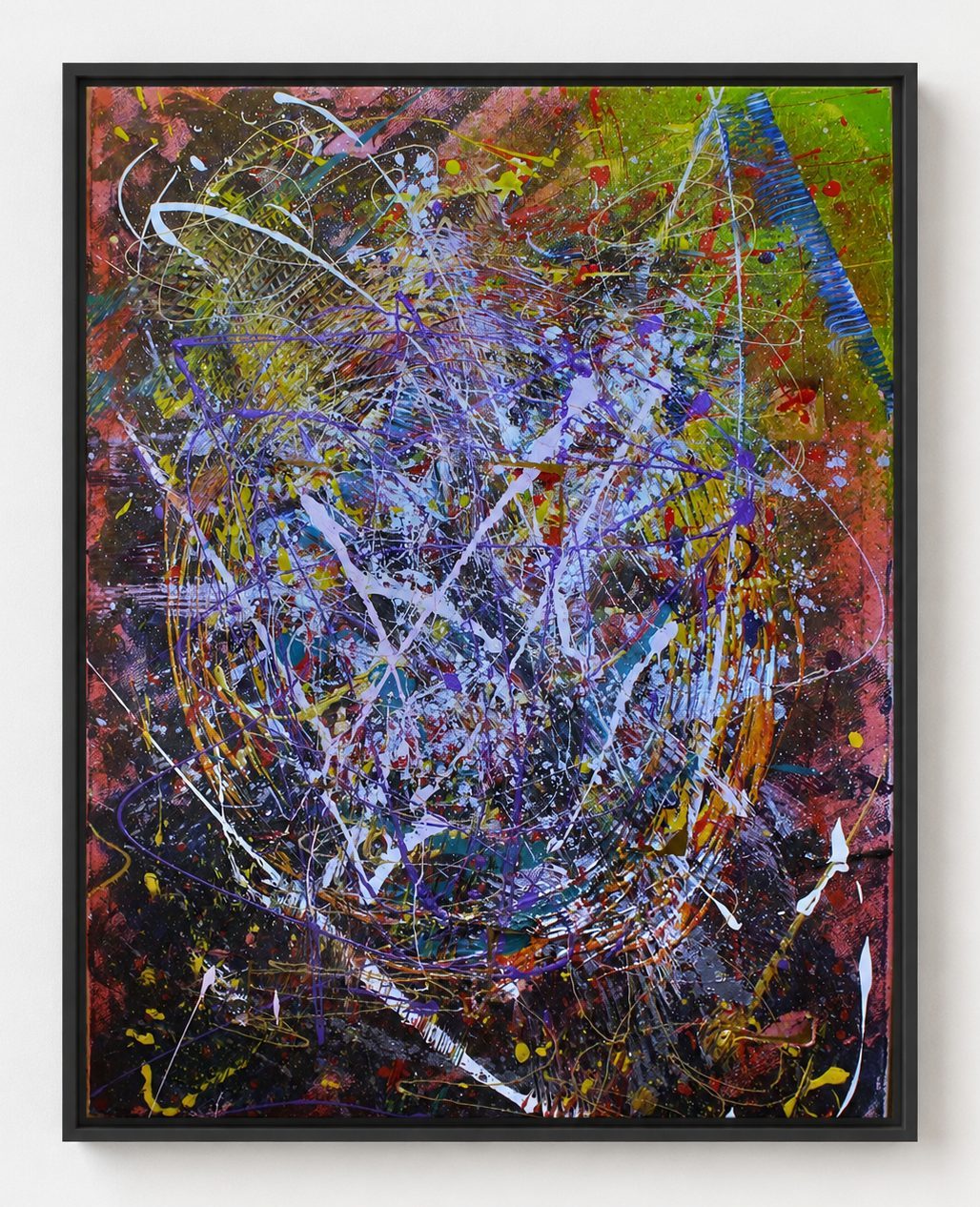 White and violet threads over a dark ground, in a black frame