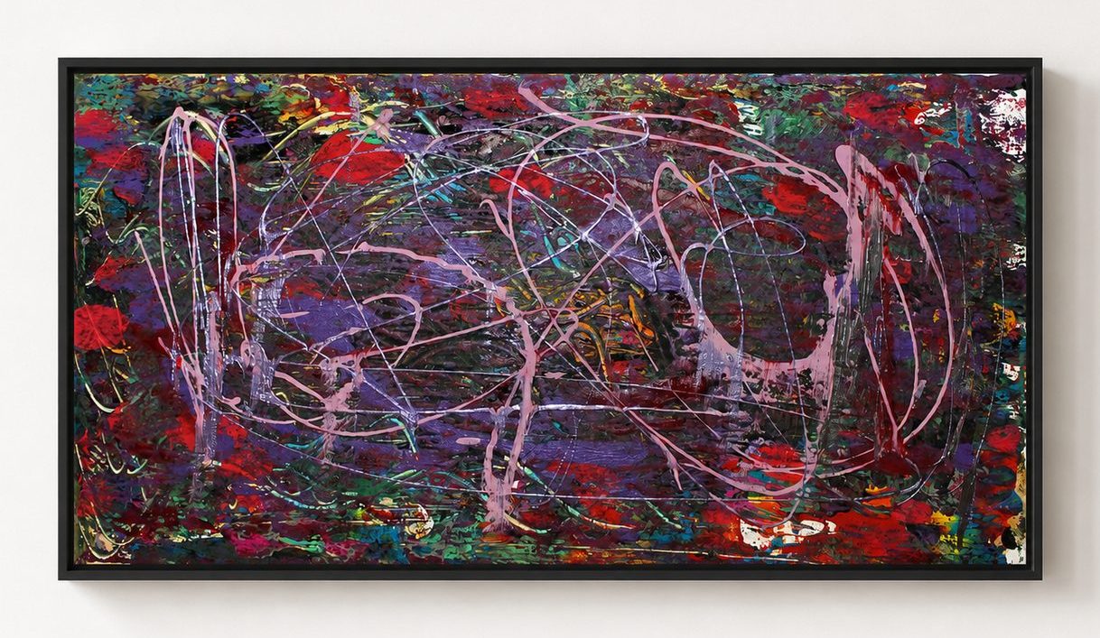 Violet and red lines across a dark ground, in a black frame