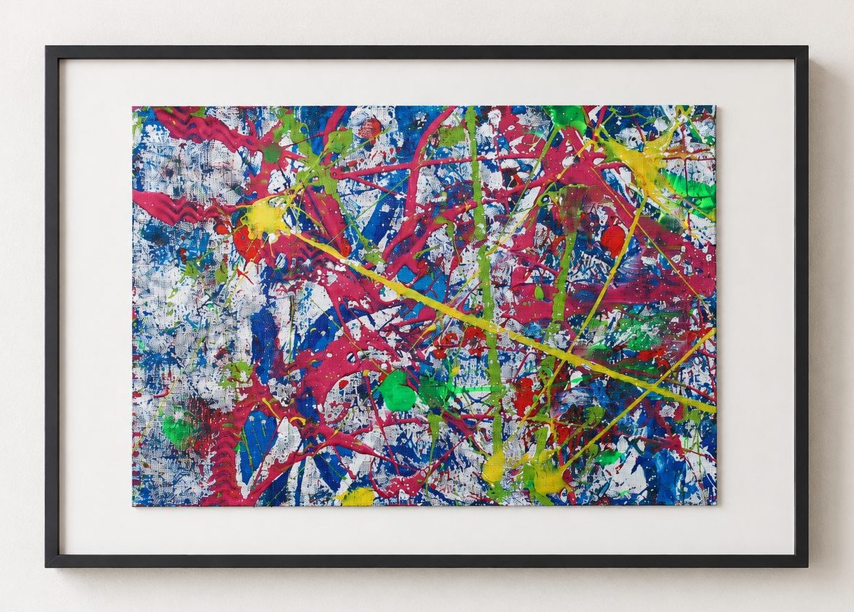 Red and blue spatter crossed by yellow lines, in a black frame