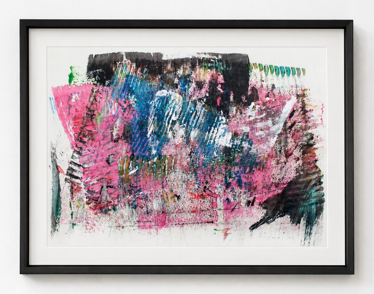 Pink and black strokes over blue combing, in a black frame