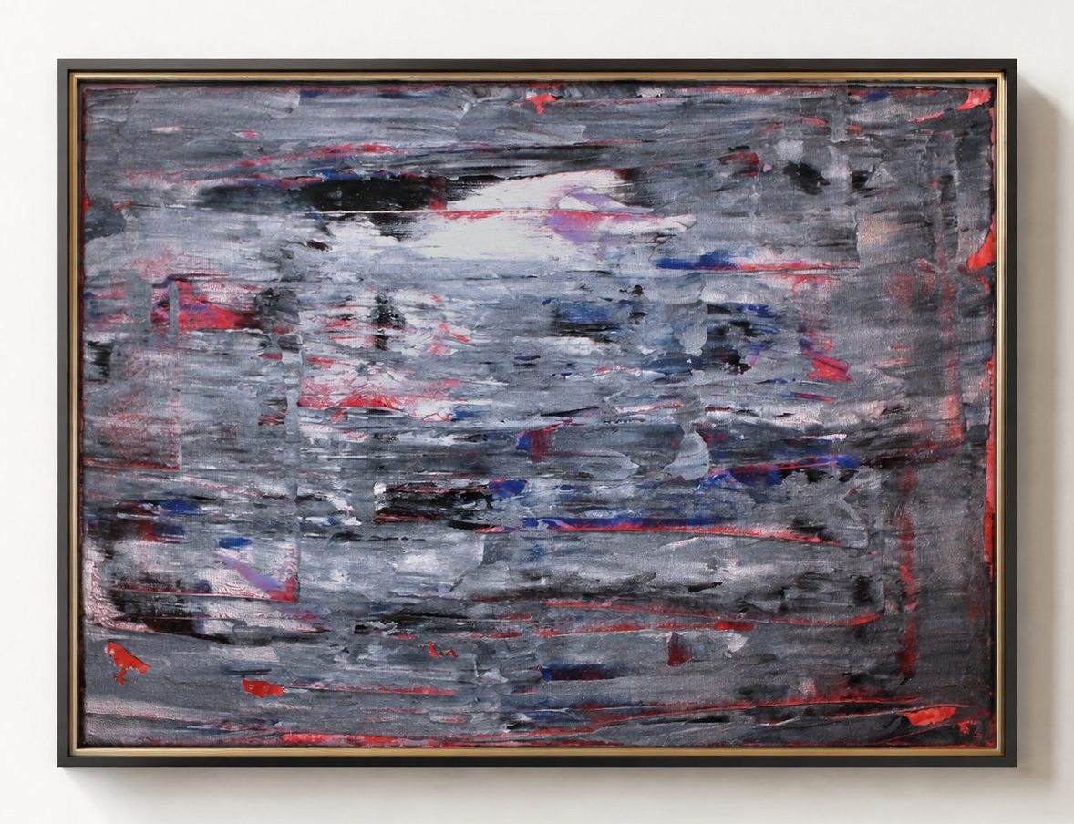 Grey and pink horizontal strokes, in a pale oak frame