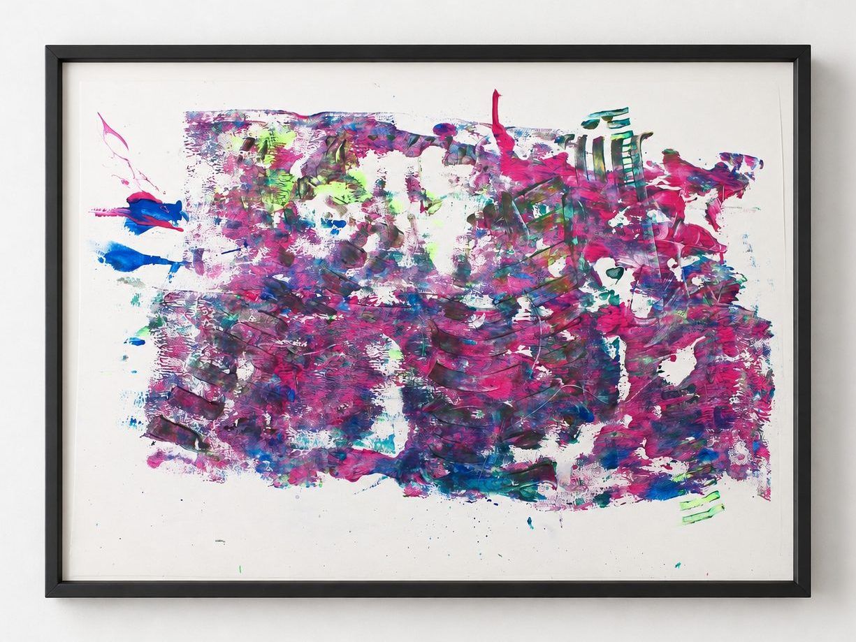 Purple and green mottled marks on white paper, in a black frame