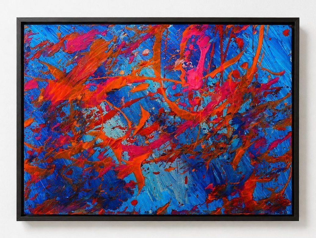 A blue canvas with orange and pink splatters, in a black frame