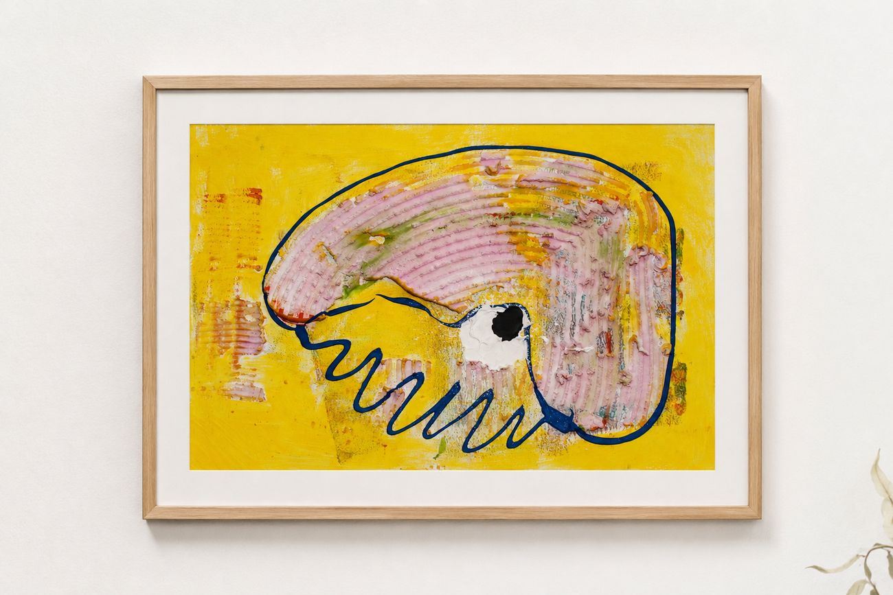 A yellow work with a pink ridged shape outlined in blue, in an oak frame