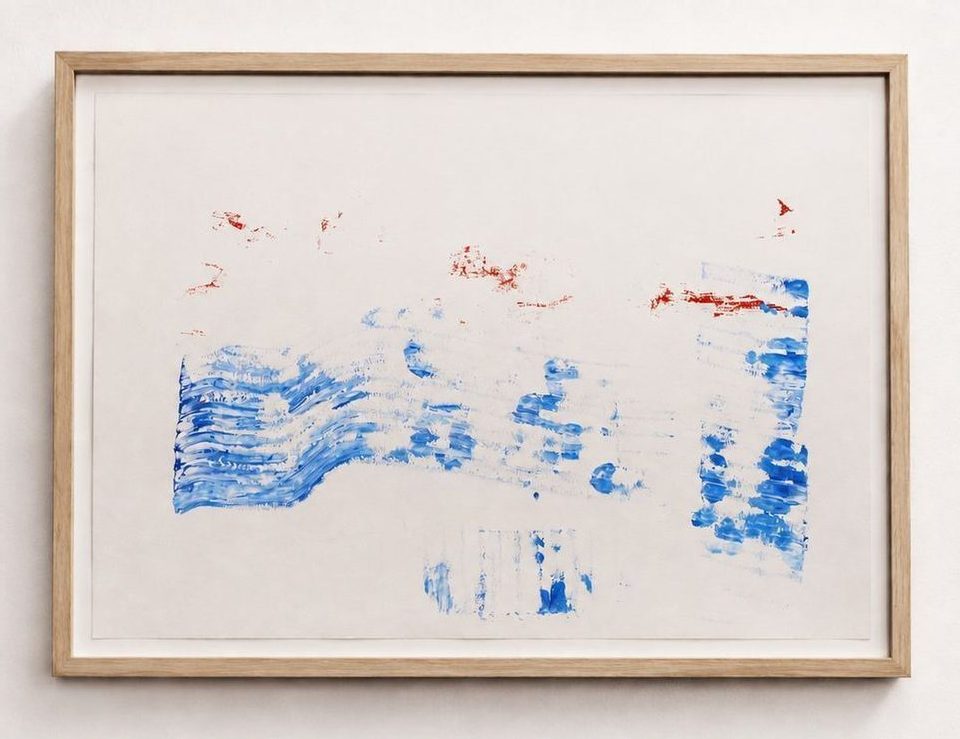 A pale blue wave with small red marks, in an oak frame