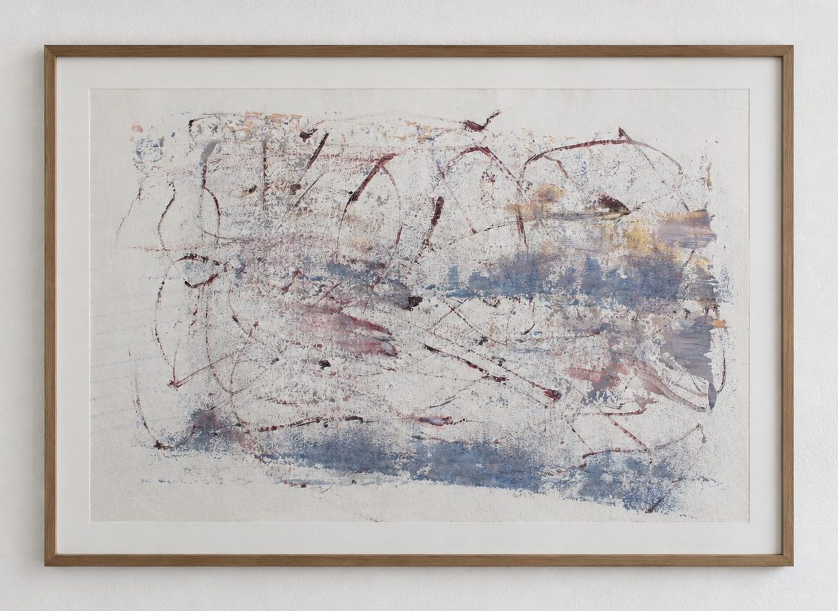 Faint grey and violet scratches on white paper, in a pale oak frame