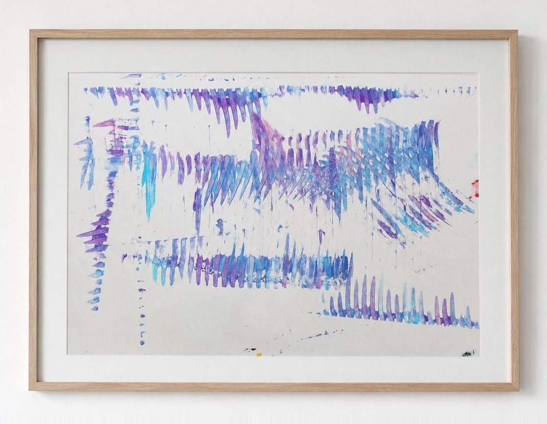 Purple and blue combed drips on white paper, in an oak frame