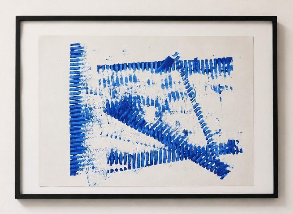 Blue combed strokes forming a triangle, in a black frame