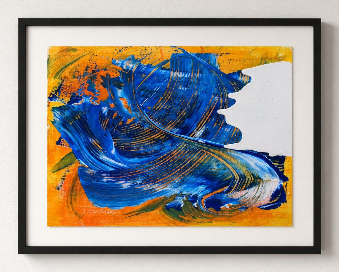A blue brushed form on a yellow ground, in a black frame
