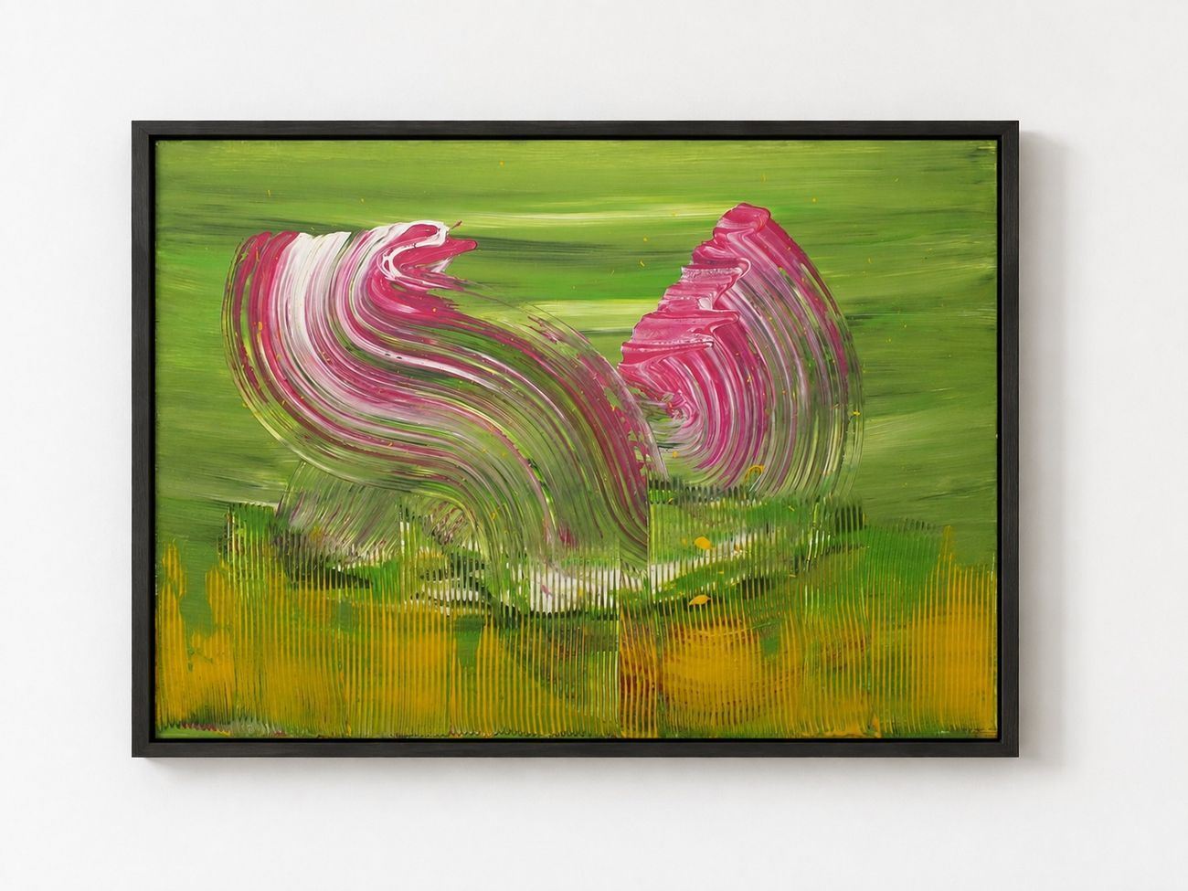 A green canvas with pink and white swirls over a yellow band, in a black frame