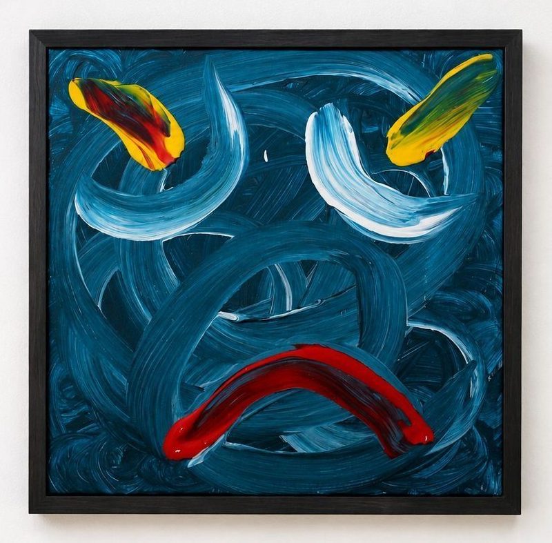 A dark blue canvas with a red mouth and yellow marks, in a black frame