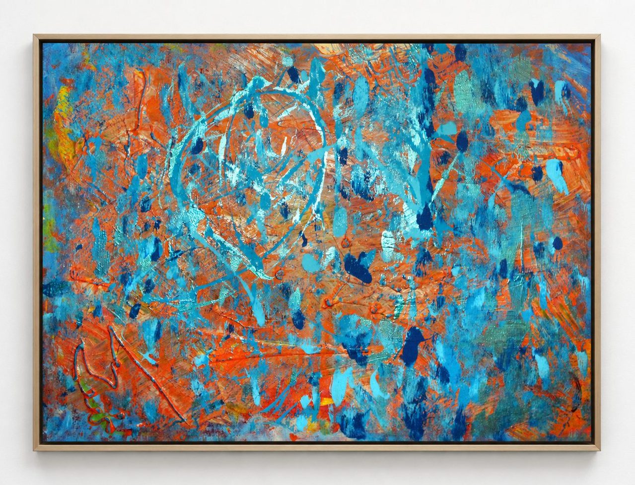 Blue patches over a rust ground, in a pale oak frame