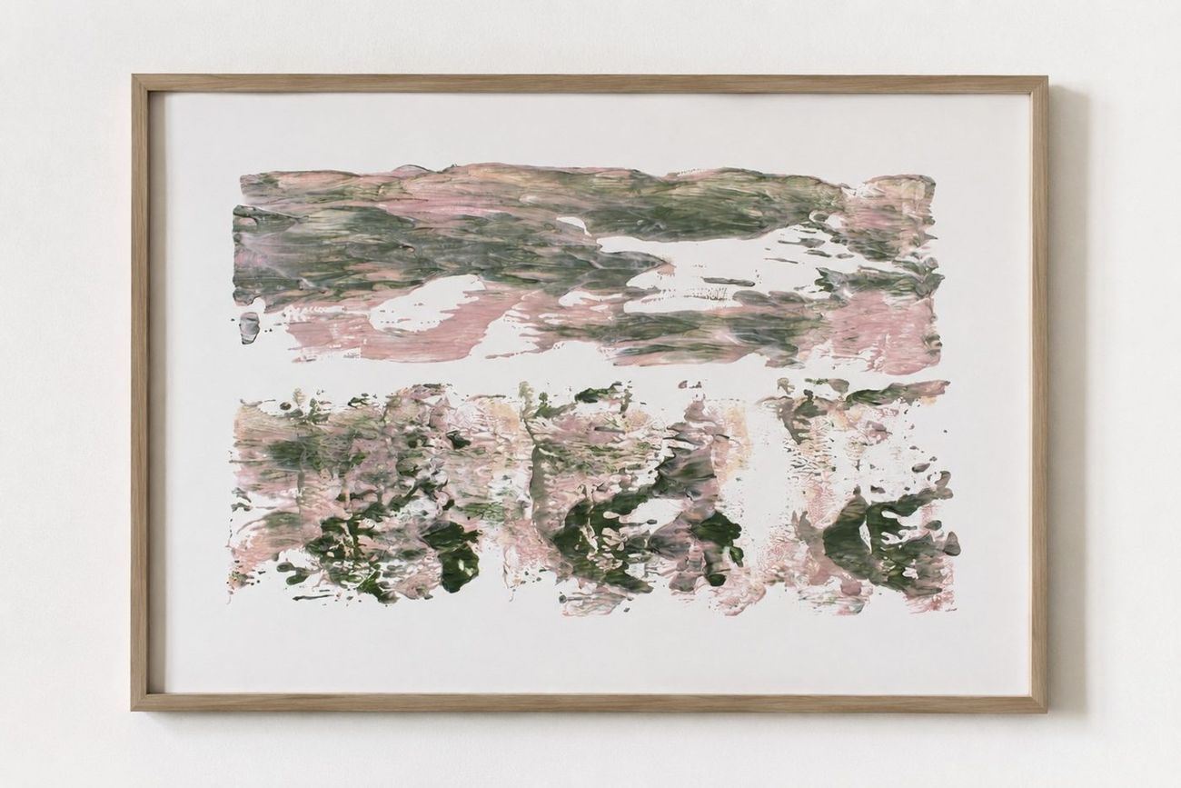 Pink and green mossy bands, in a pale oak frame