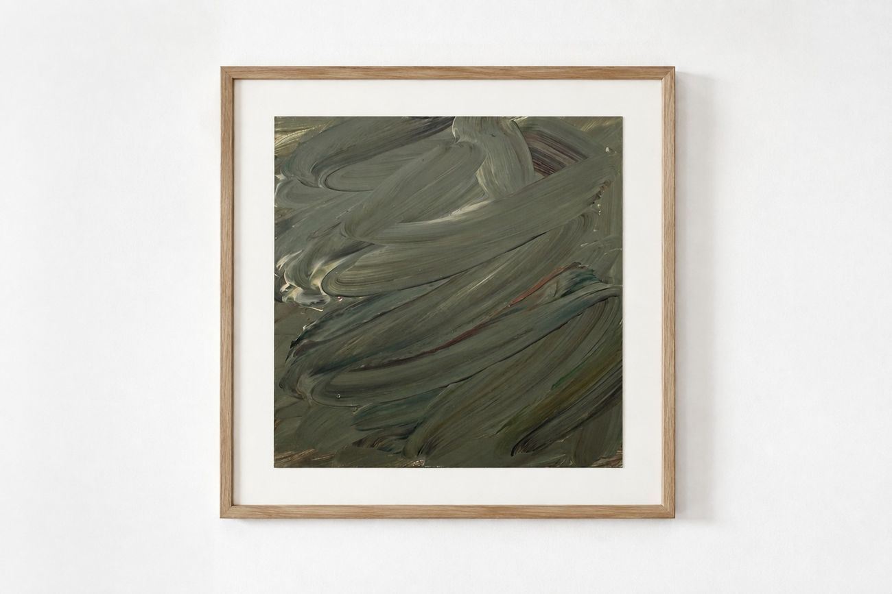 A soft olive-grey brushed work on paper, in a pale oak frame