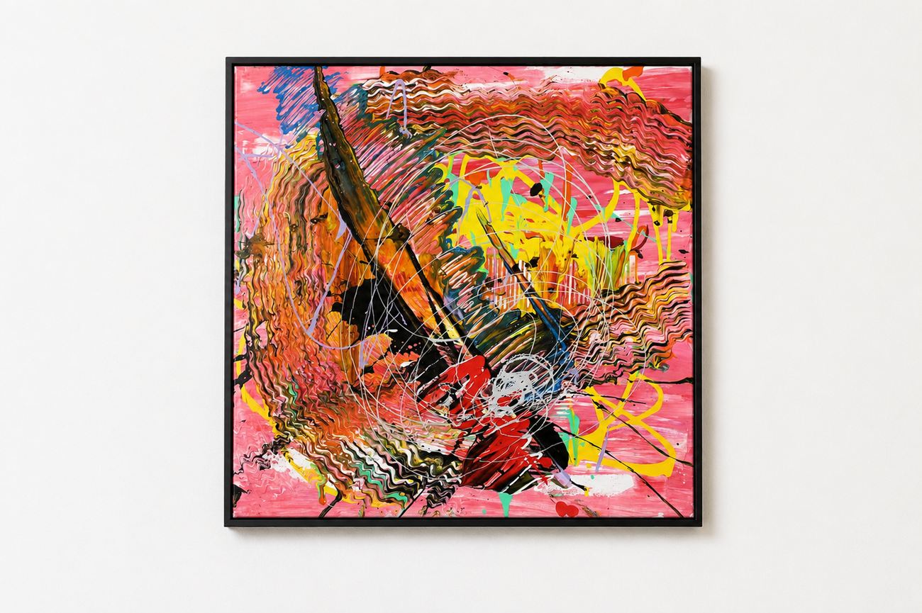 A pink canvas with orange and yellow waves and silver loops, in a black frame