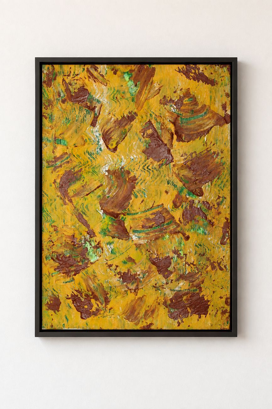 A yellow canvas with brown patches and green flecks, in a black frame