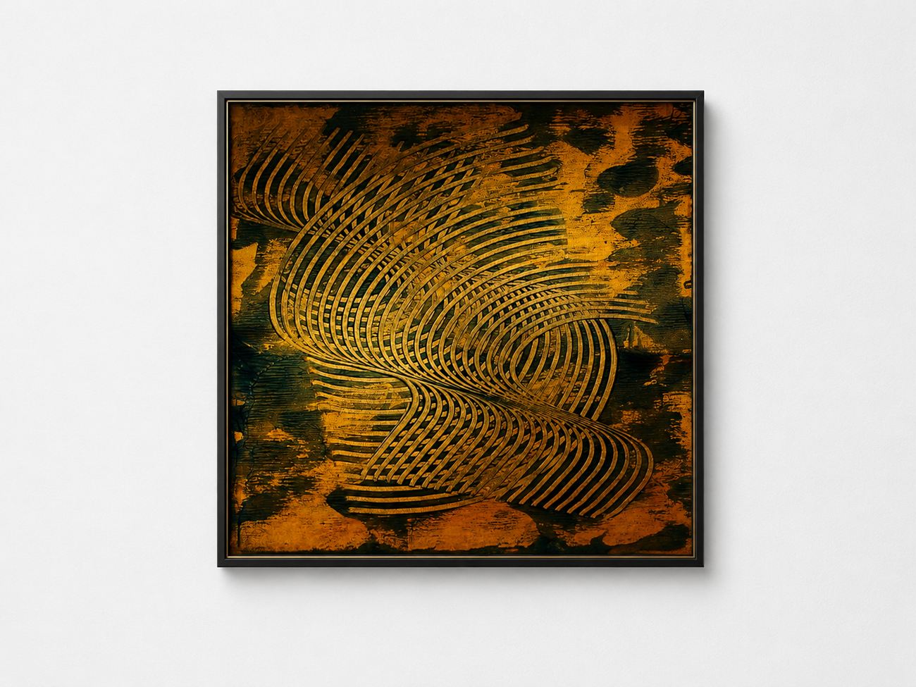 Gold combed spirals over a dark orange ground, in a black frame