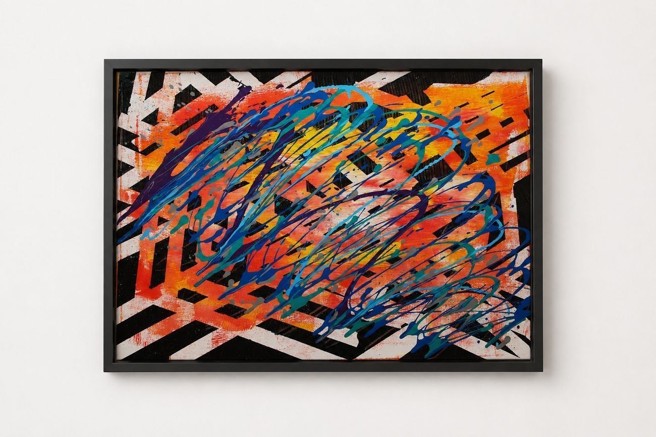 A black and white zigzag ground with orange and looping blue drips, in a black frame