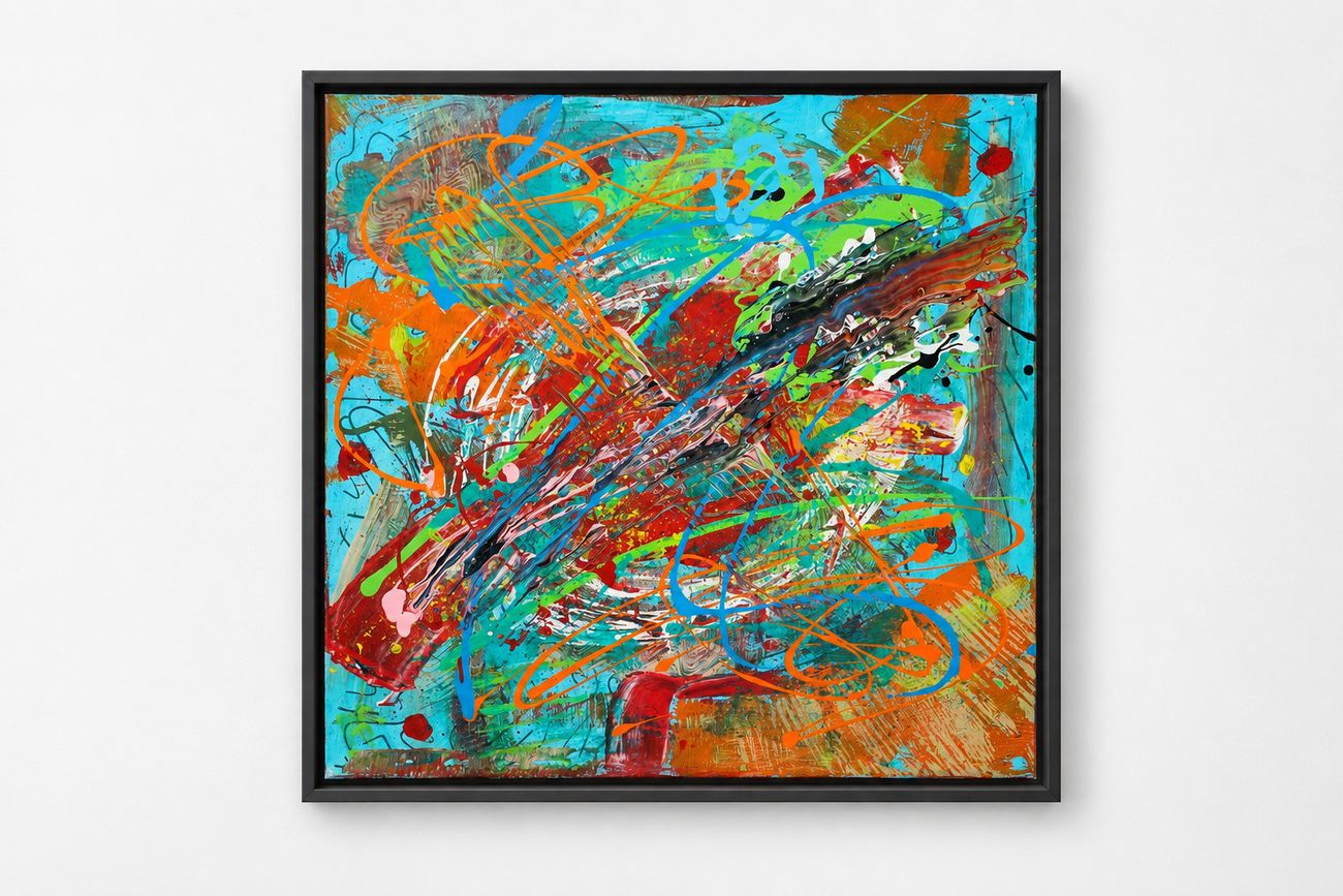 A turquoise canvas crossed with orange, red and green loops, in a black frame