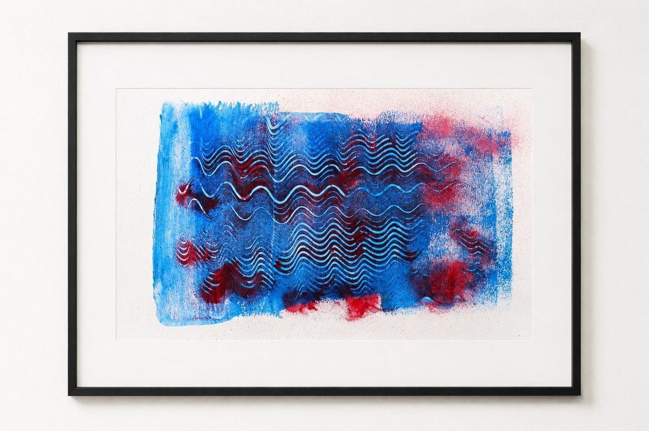 A bright blue work on paper with dark red combed waves, in a black frame