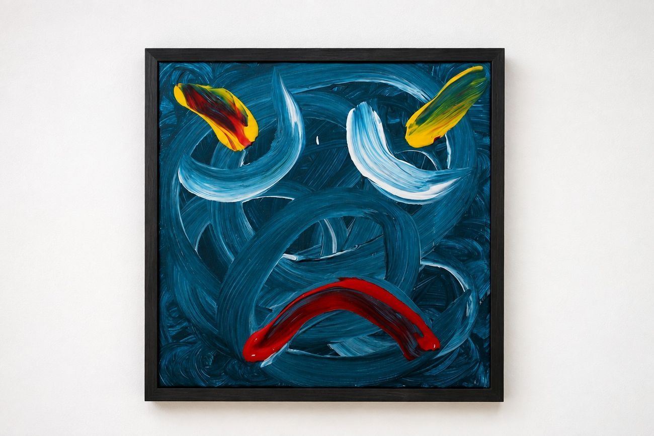 A dark blue canvas with a red mouth and yellow marks, in a black frame