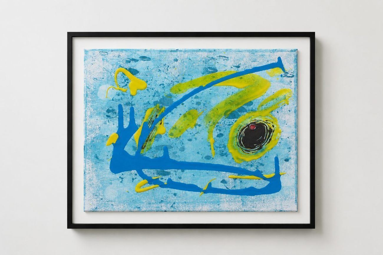 A pale blue canvas with blue and yellow lines and a dark eye, in a black frame