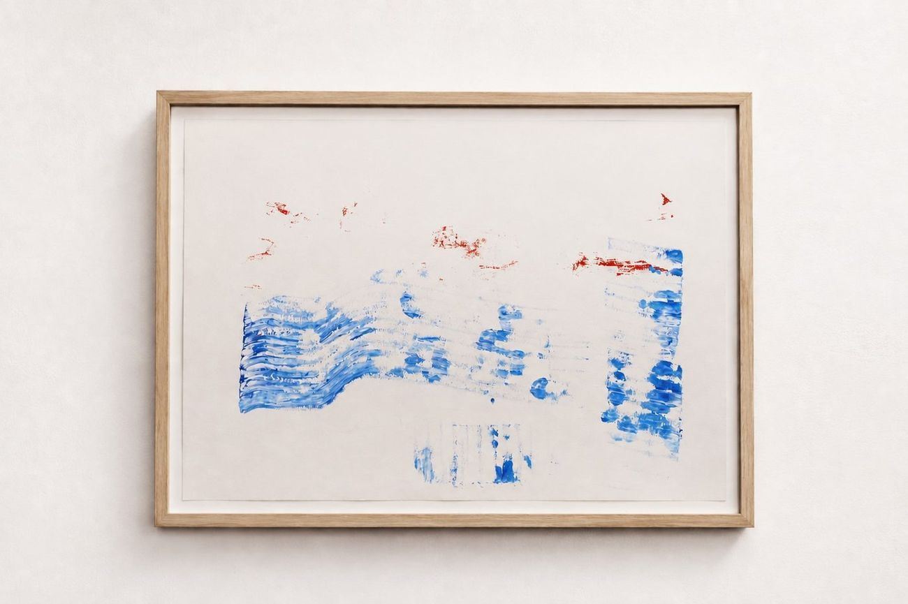 A pale blue wave with small red marks, in an oak frame