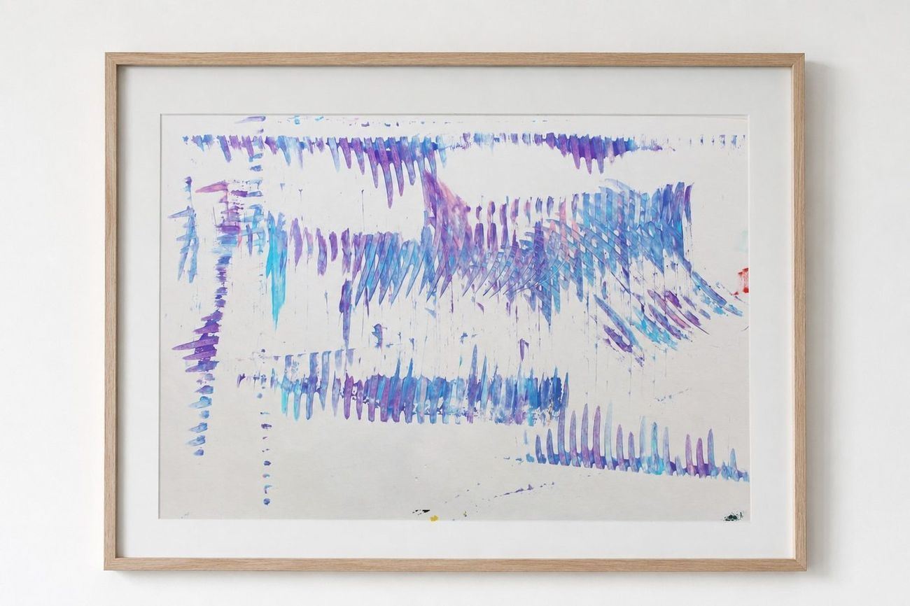 Purple and blue combed drips on white paper, in an oak frame