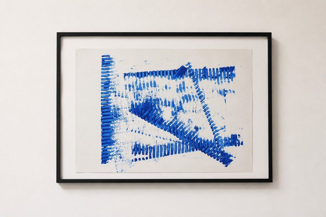 Blue combed strokes forming a triangle, in a black frame