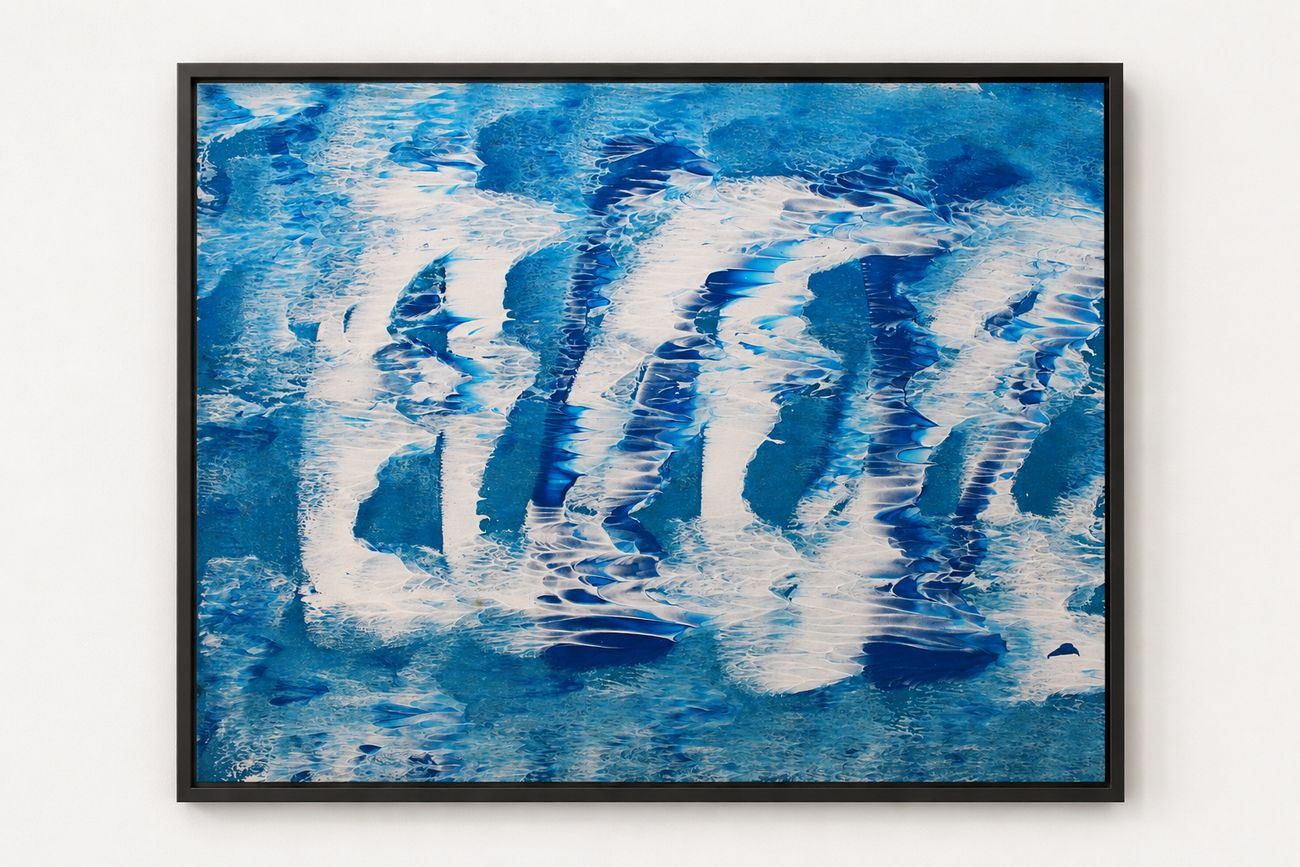 A blue and white wave-combed canvas, in a black frame